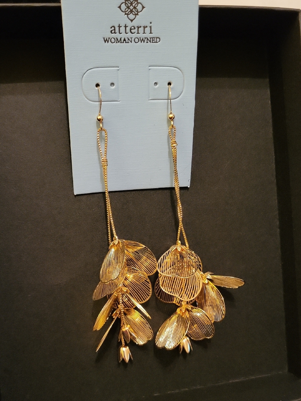 Atterri Gold Leaf Cluster Long Drop Earrings  Te